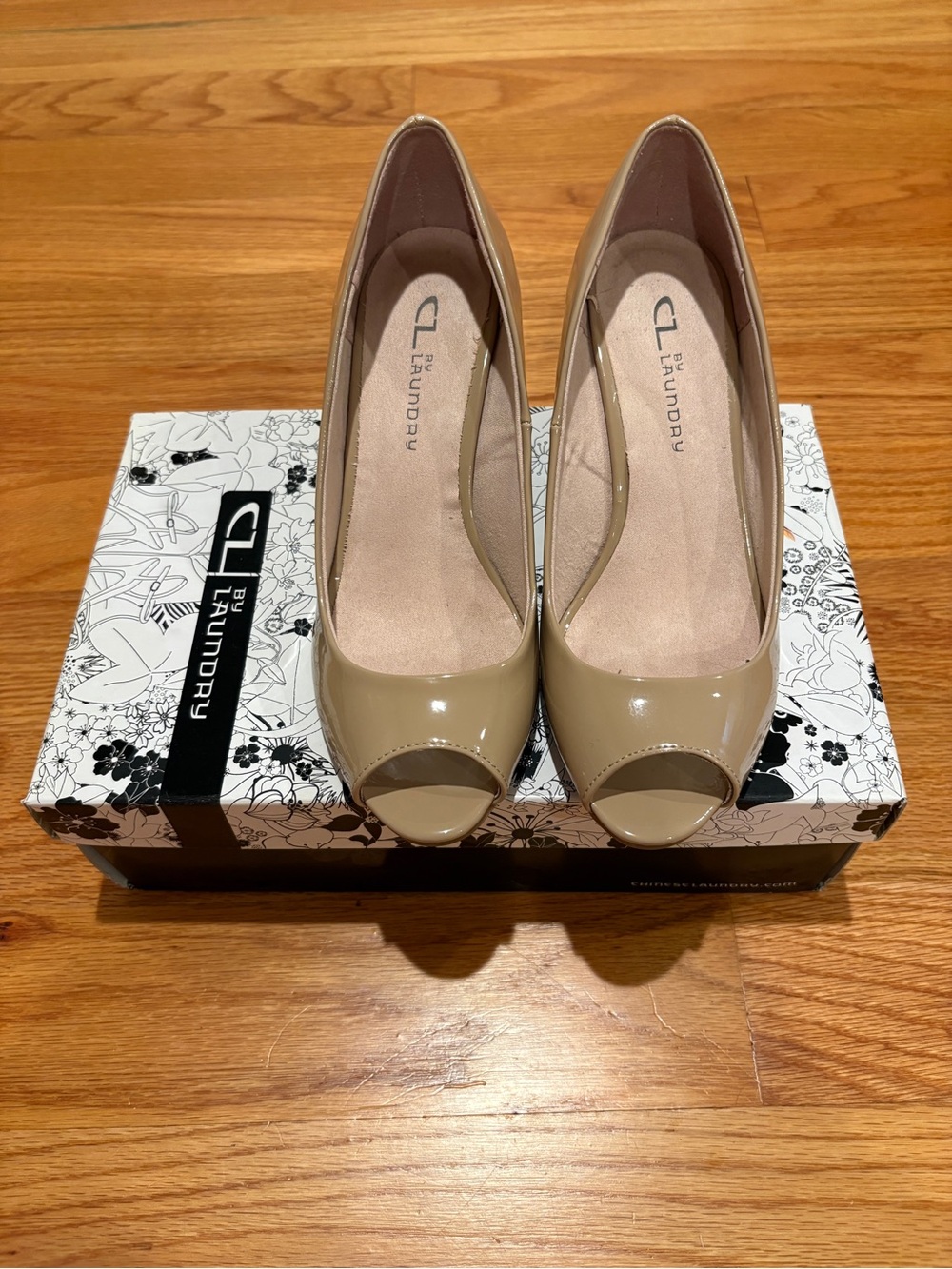 CL by Laundry Beige Patent Peep-Toe Pumps